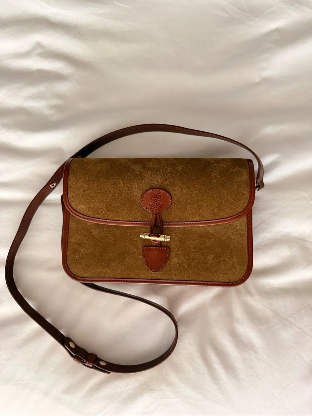 Sézane Milo Satchel Brown Suede Crossbody Bag with Leather Trim